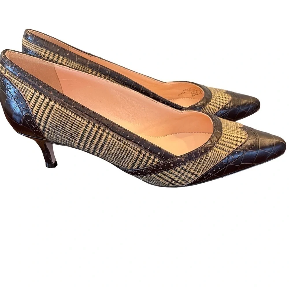 J. CREW Heels Leather Pointed Toe Crocodile Brown Plaid Women Size 8 NWOT